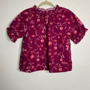 NWT Hill House The Kit Top‎ Burgundy Botanical Floral Ruffle Sleeve Blouse S